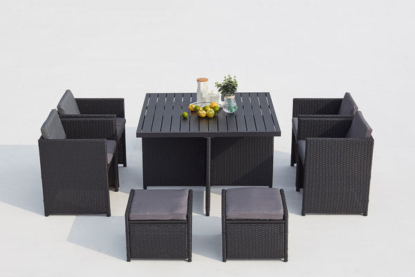 Table et chaises 8 places encastrables alu et résin noir/gris ABASA