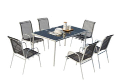 Table de jardin et 6 chaises en acier et textilène gris ATIMA