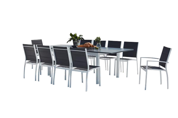 Table de jardin extensible et 10 chaises alu/textilène gris BERENIS