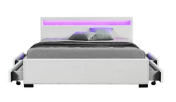 Lit Segoville - Structure de lit en simili Blanc avec rangements et LED intégrées - 140x190 cm
