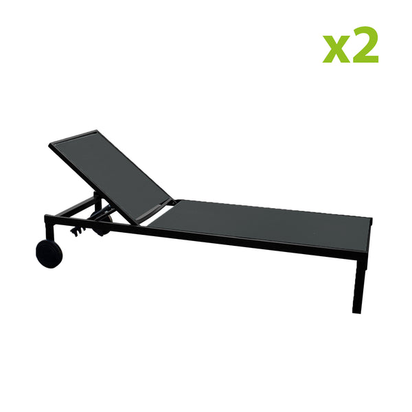 Cara noir x2 : lot de 2 bains de soleil inclinables en aluminium et textilène avec roulettes