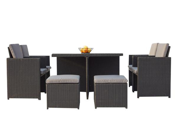 Table et chaises 8 places encastrables en résine noir/gris DALMA