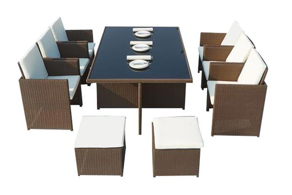 Table et chaises 10 places encastrables résine marron/blanc DALMA