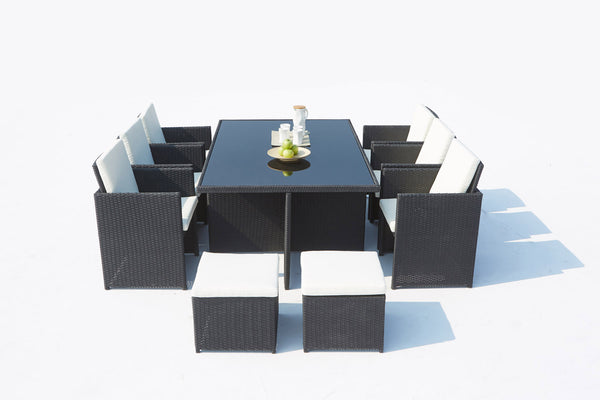 Table et chaises 10 places encastrables résine noir/blanc DALMA