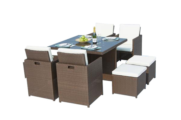 Table et chaises 8 places encastrables résine marron/blanc DALMA
