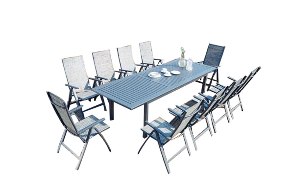 Table de jardin extensible 10 places et 10 fauteuils en alu JAZZI