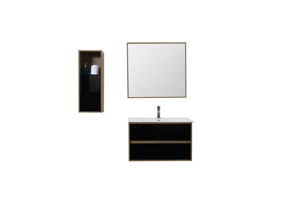 Koln noir & bois : Ensemble de salle de bain : 1 meuble sous-vasque, 1 meuble lateral, 1 vasque, 1 miroir