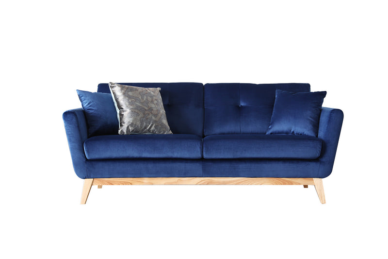 Leksand Velours Bleu : Canapé scandinave 3 places bleu + 2 coussins