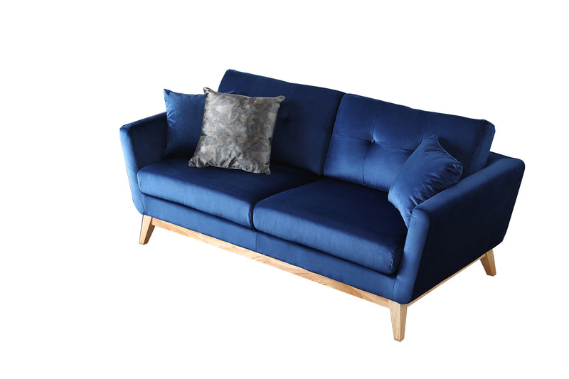 Leksand Velours Bleu : Canapé scandinave 3 places bleu + 2 coussins