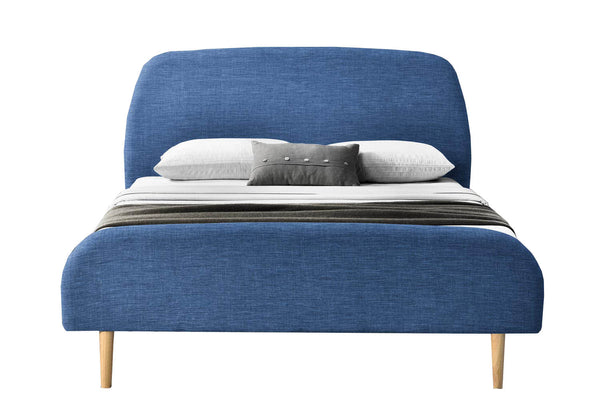 Lit Linda Tissu - Cadre de lit scandinave Bleu avec pieds en bois - 140x190cm