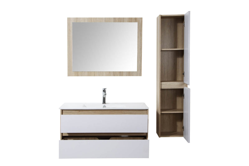 Milia blanc & bois : Ensemble de salle de bain : 1 meuble sous-vasque, 1 vasque, 1 meuble colonne, 1 miroir