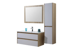 Milia blanc & bois : Ensemble de salle de bain : 1 meuble sous-vasque, 1 vasque, 1 meuble colonne, 1 miroir