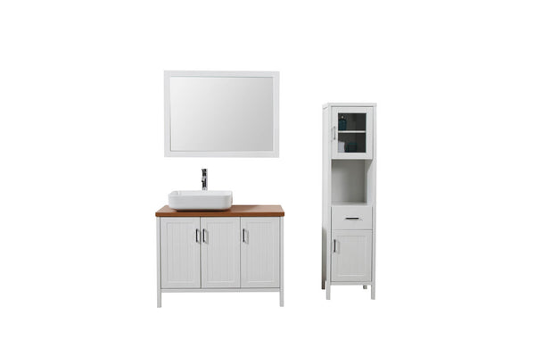 Montoa blanc & bois : Ensemble de salle de bain : 1 meuble sous-vasque, 1 meuble colonne, 1 vasque, 1 miroir