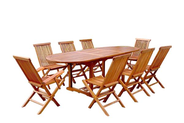 Table rectangulaire 8 chaises et 2 fauteuils en teck huilé NARRA