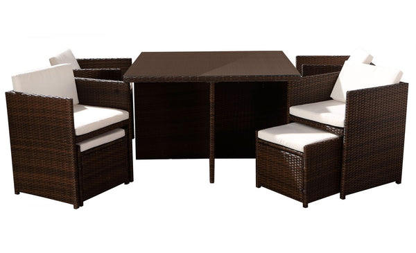Table et chaises 8 places encastrables résine marron/blanc REGINA