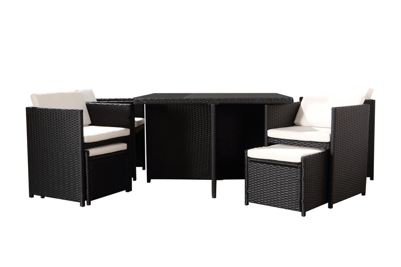 Table et chaises 10 places encastrables résine noir/blanc REGINA