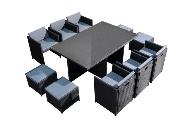 Table et chaises 10 places encastrables en résine noir/gris REGINA