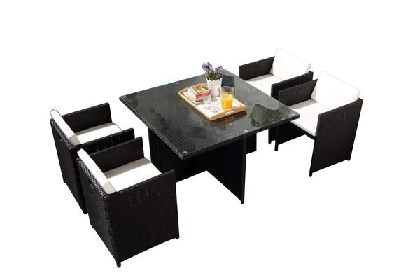Table et chaises 4 places encastrables en résine noir/blanc REGINA
