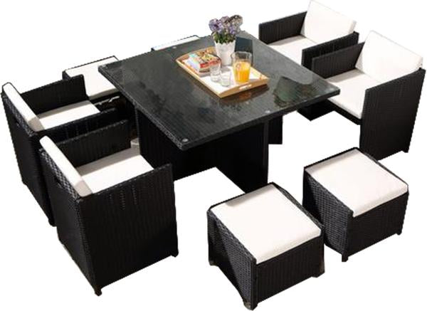 Table et chaises 8 places encastrables en résine noir/blanc REGINA