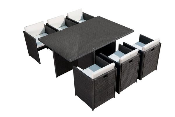 Table et chaises 6 places encastrables en résine gris/blanc REGINA