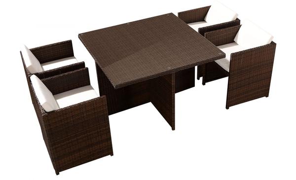 Table et chaises 4 places encastrables résine marron/blanc REGINA
