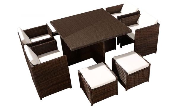 Table et chaises 8 places encastrables résine marron/blanc REGINA