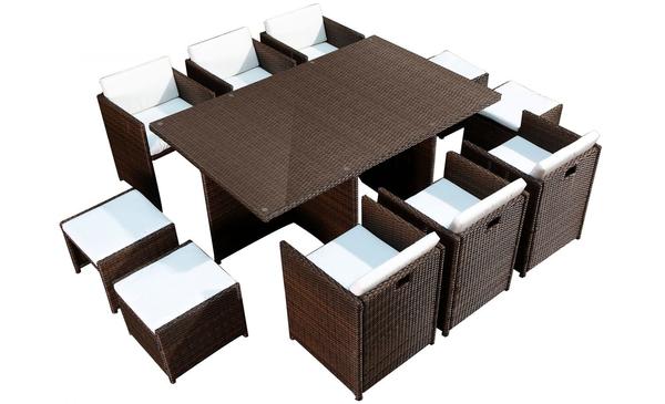 Table et chaises 10 places encastrables résine marron/blanc REGINA