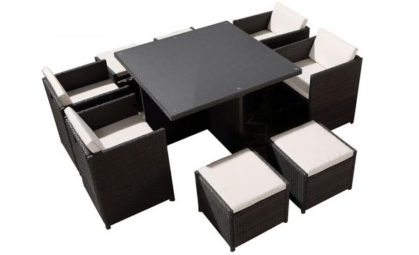 Table et chaises 8 places encastrables en résine gris/blanc REGINA
