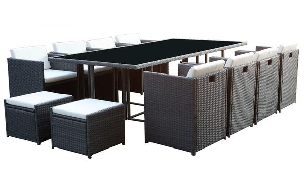 Table et chaises 12 places encastrables résine gris/blanc REGINA