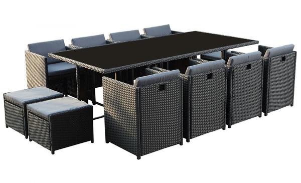 Table et chaises 12 places encastrables en résine noir/gris REGINA