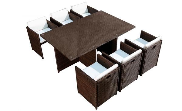 Table et chaises 6 places encastrables résine marron/blanc REGINA