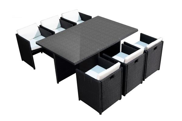 Table et chaises 6 places encastrables en résine noir/blanc REGINA
