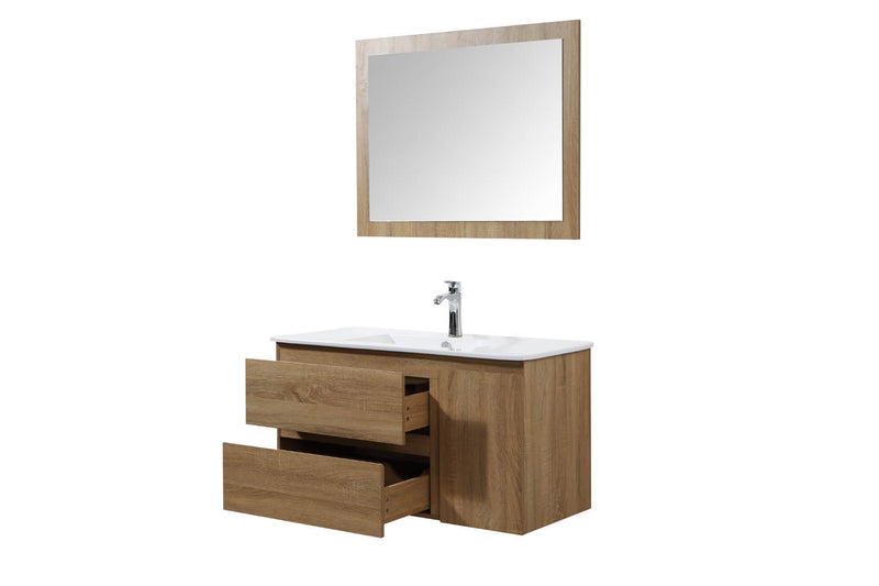 Tatioma couleur bois : Ensemble de salle de bain : 1 meuble sous-vasque, 1 vasque, 1 miroir