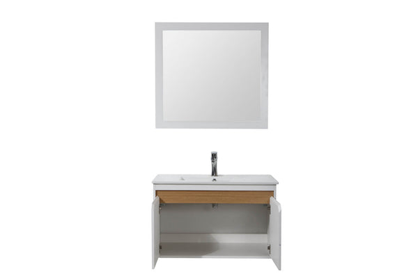 Wada blanc & bois : Ensemble de salle de bain : 1 meuble sous-vasque, 1 vasque, 1 miroir