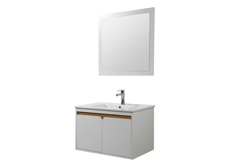 Wada blanc & bois : Ensemble de salle de bain : 1 meuble sous-vasque, 1 vasque, 1 miroir