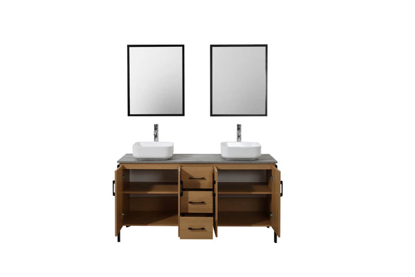 Zoe bois et métal : Ensemble de salle de bain industriel : 1 meuble sous-vasque, 2 vasques, 2 miroirs