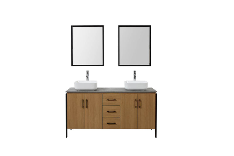 Zoe bois et métal : Ensemble de salle de bain industriel : 1 meuble sous-vasque, 2 vasques, 2 miroirs